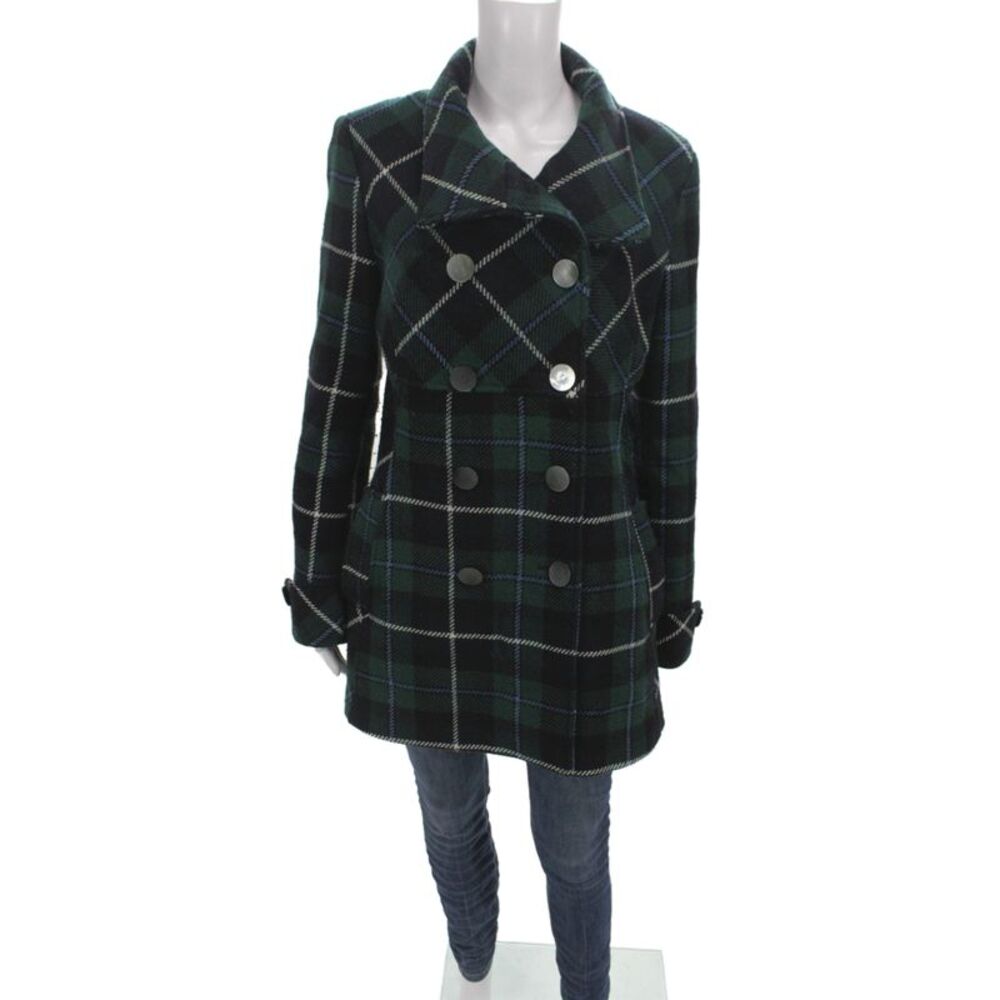Steve by Searle Women Pea Coat Green Wool Plaid Size L